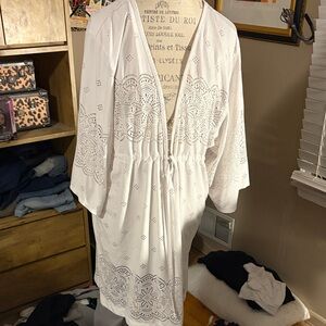 White Eyelet Kimono Swim Coverup - XL